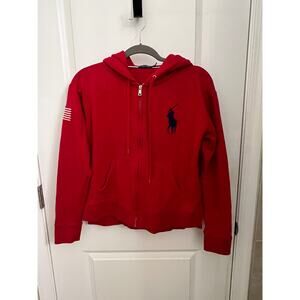 Polo Ralph Lauren Full Zip Fleece Hooded Jacket Red Small Pony USA Embroidery